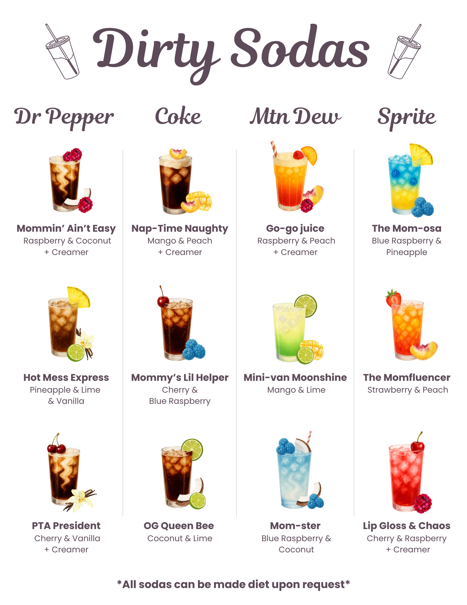 Mom's Oasis Dirty Soda Menu