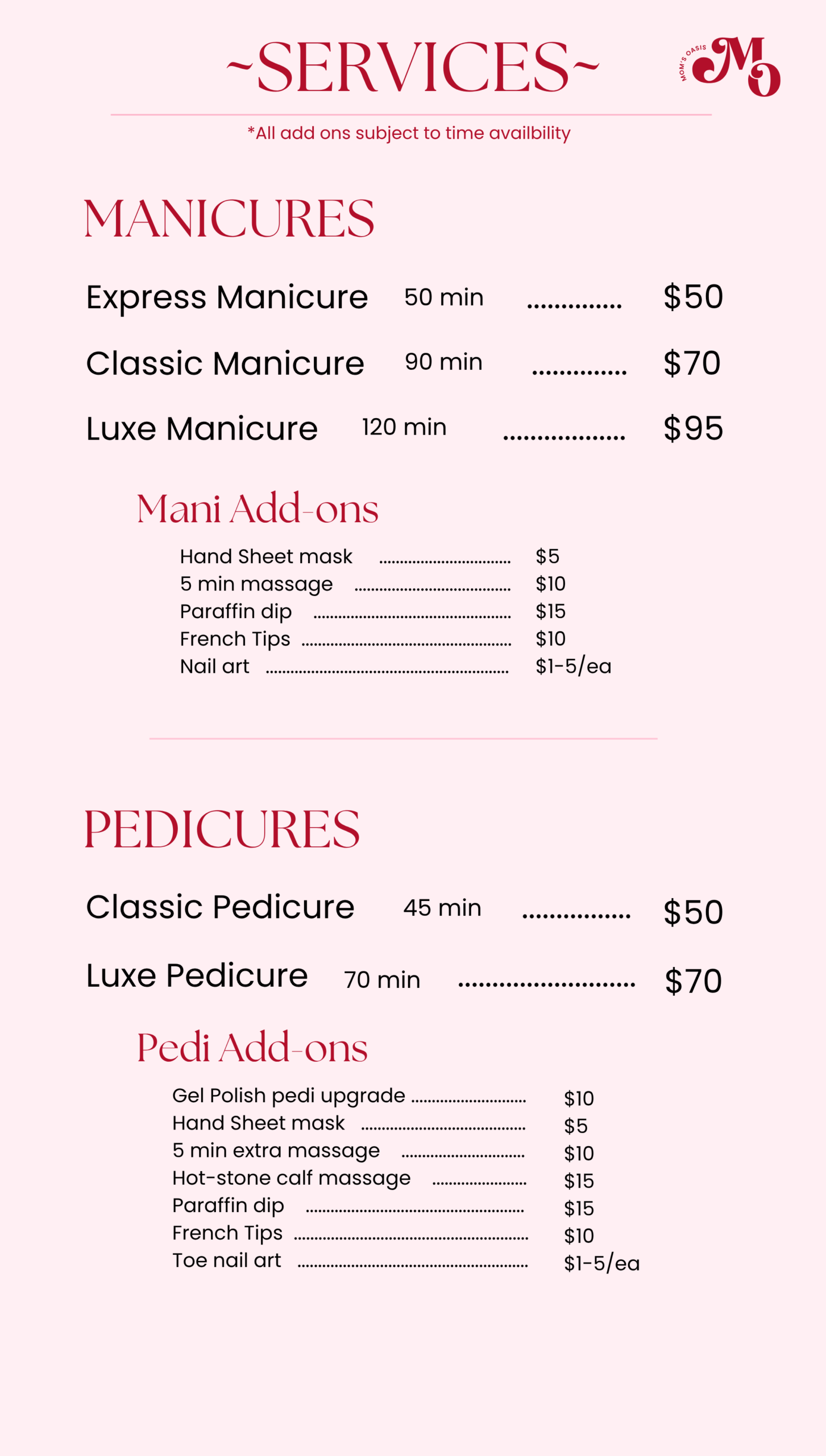 Mom's Oasis Services Menu