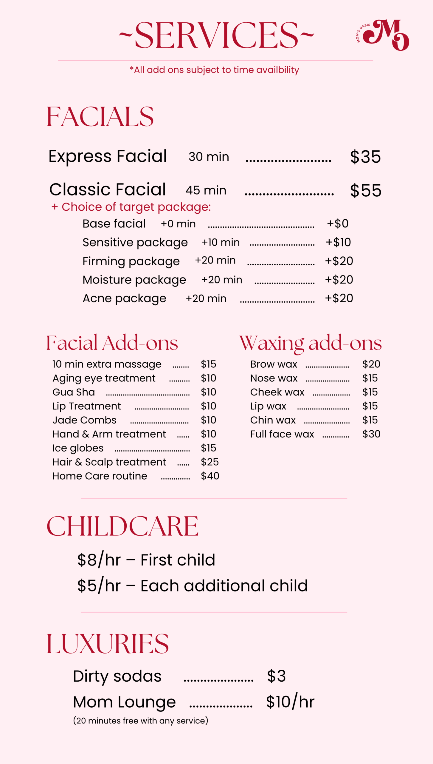 Mom's Oasis Services Menu